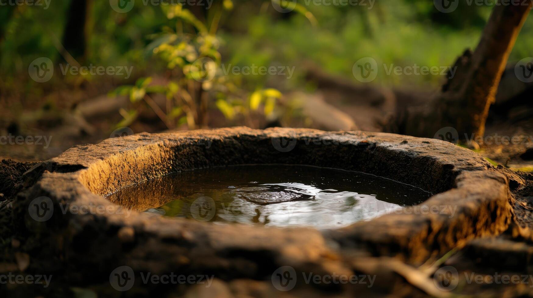 rustic well with minimal water, surrounded by greenery photo