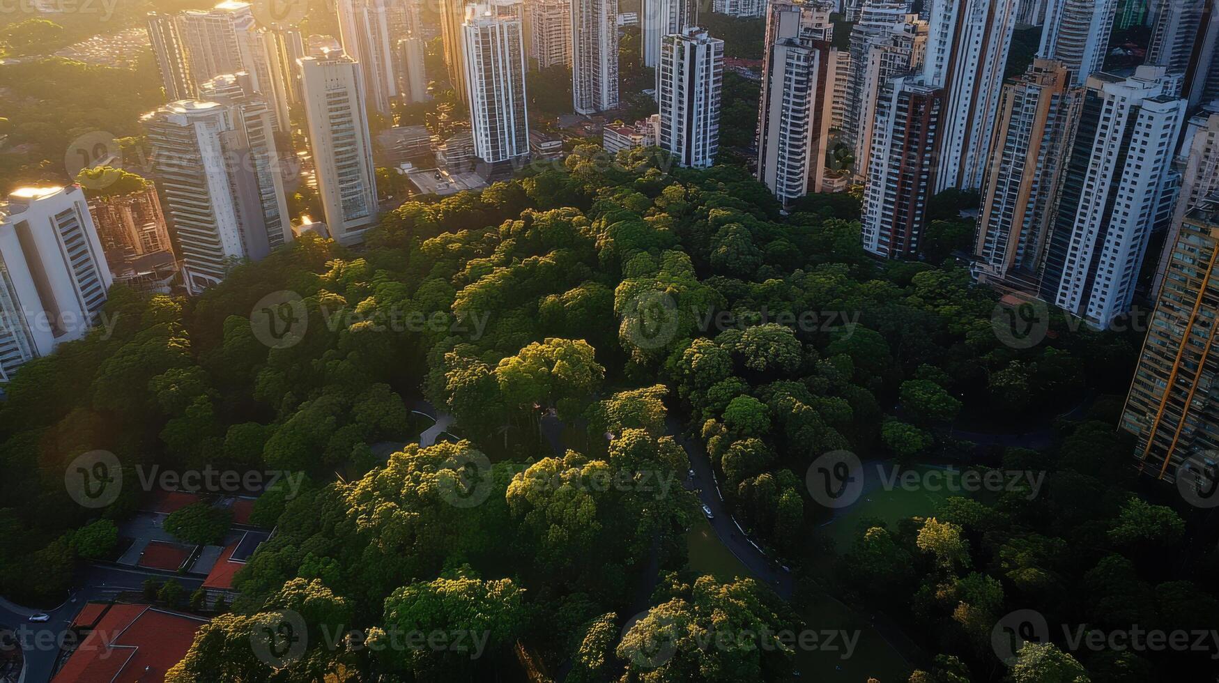 Aerial view of city with green spaces and tall buildings photo
