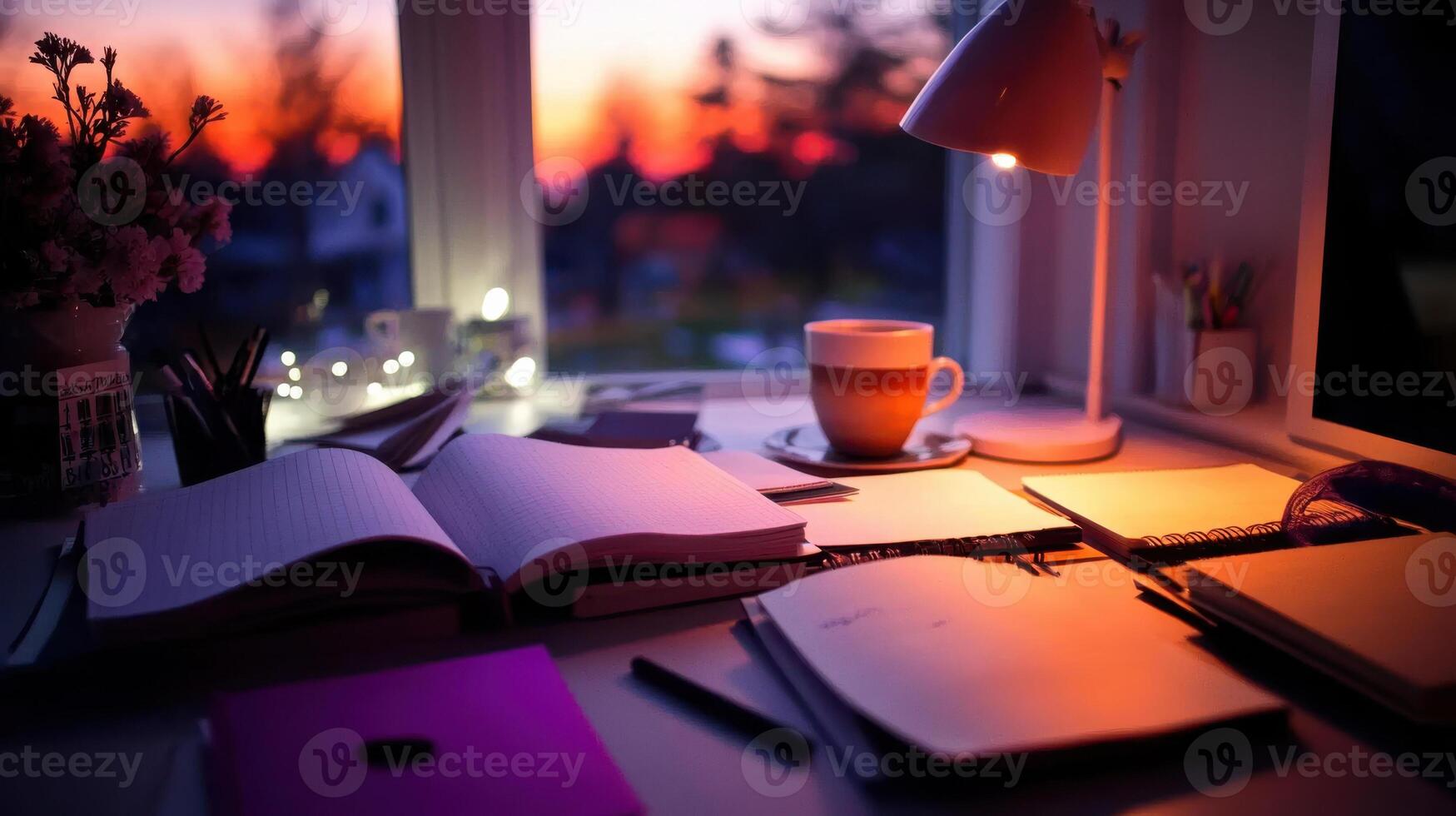 A desk with a lamp, notebook, coffee cup and pen photo