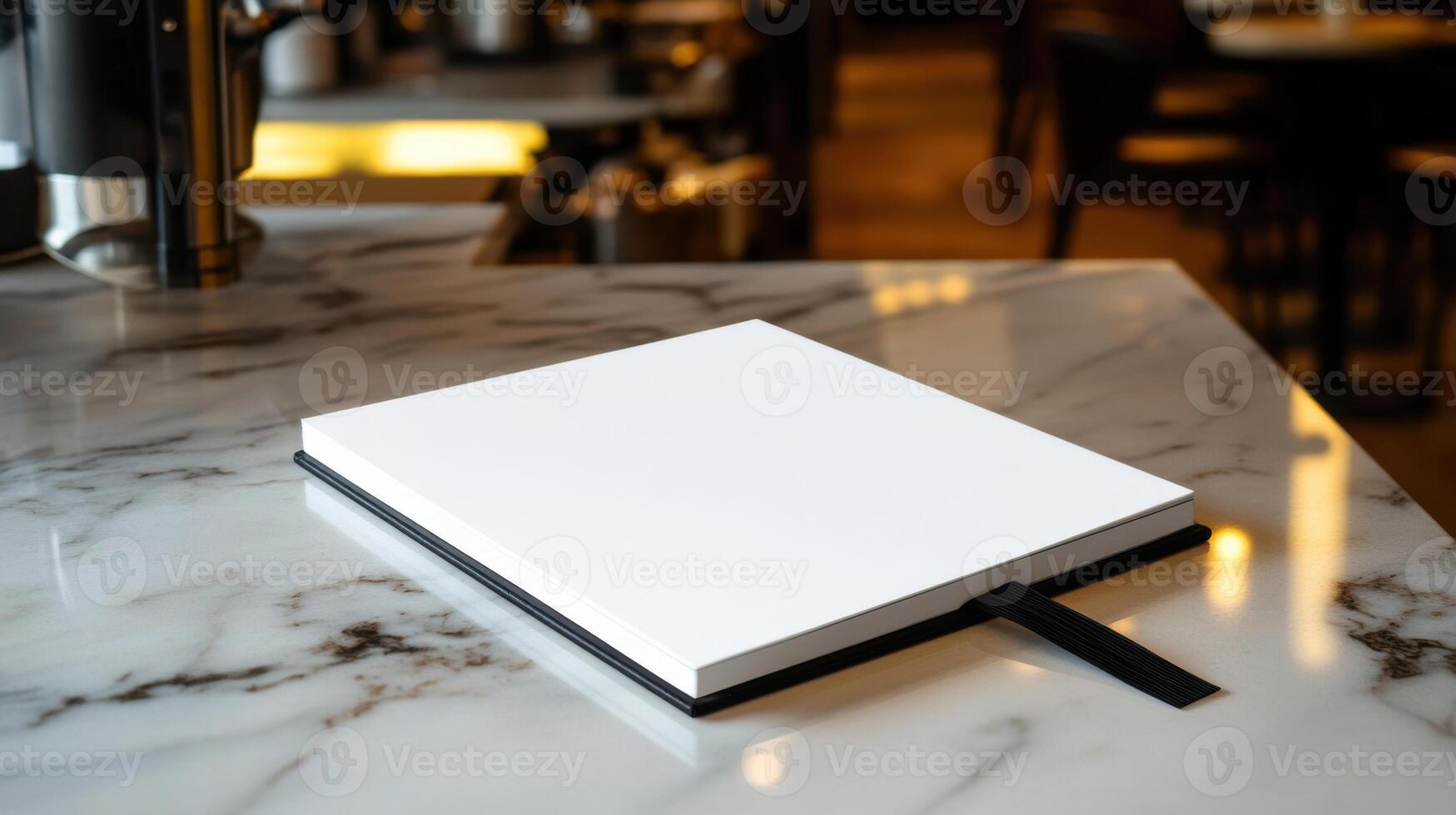 blank notebook on marble countertop in cafe setting photo