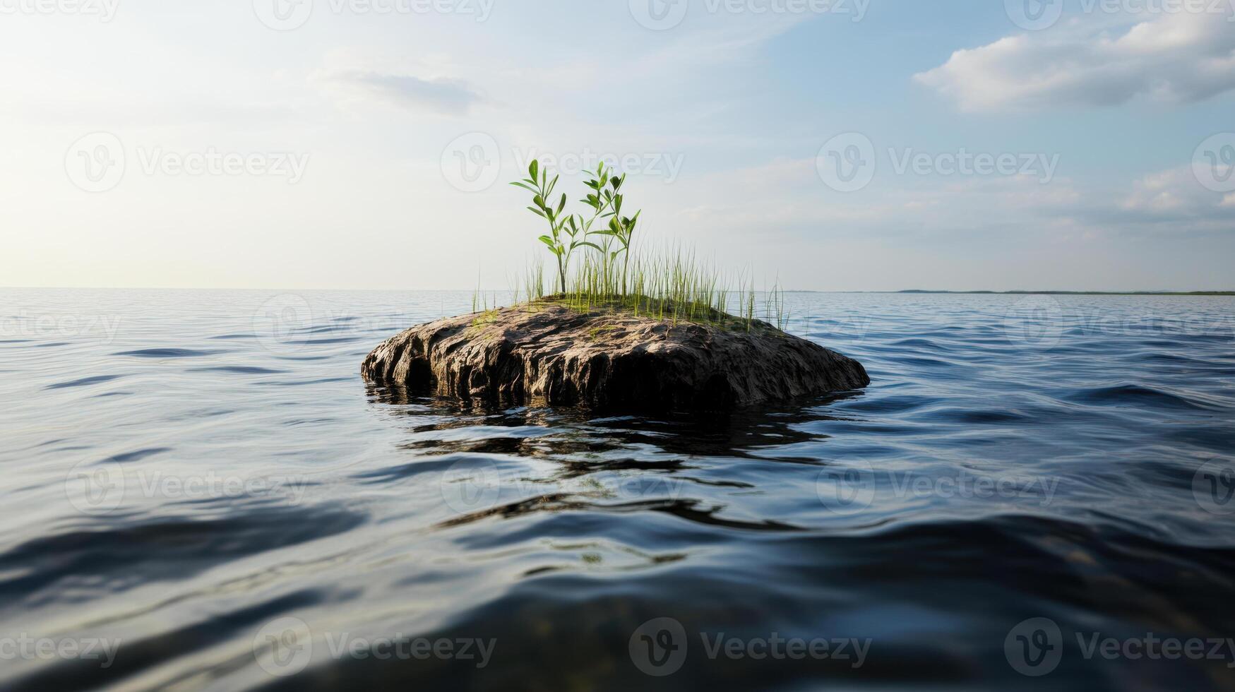 small island with grass and plants emerging from water photo