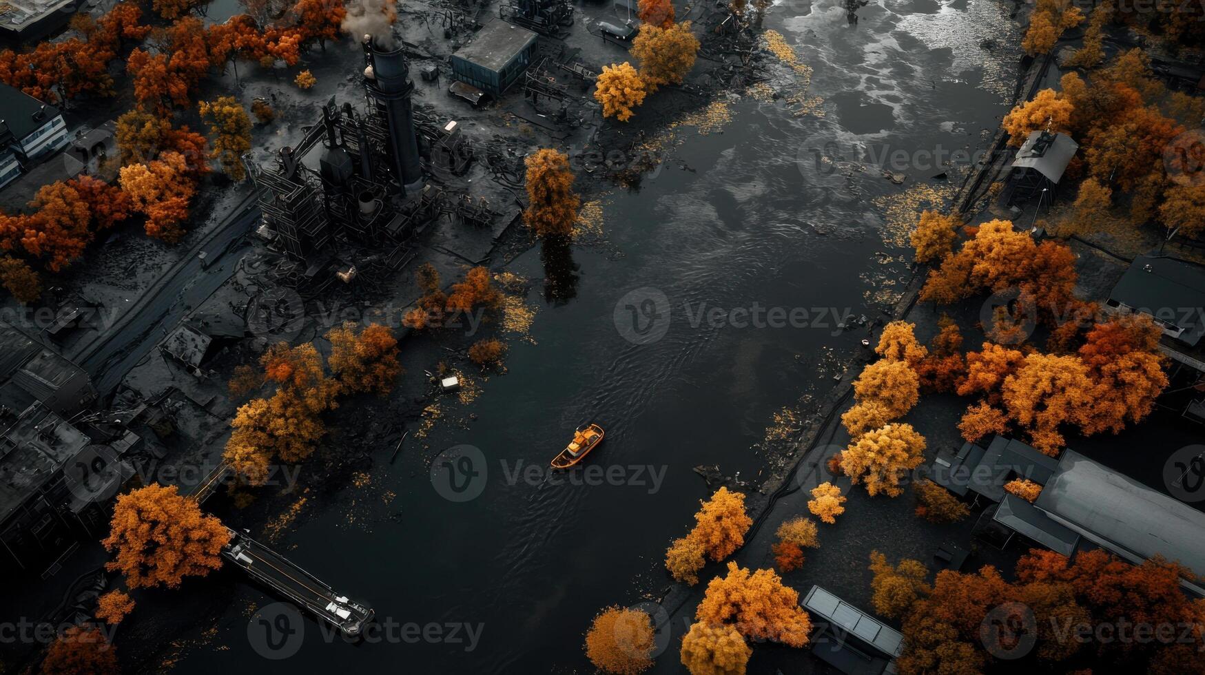 An aerial view of a river with boats in the fall photo