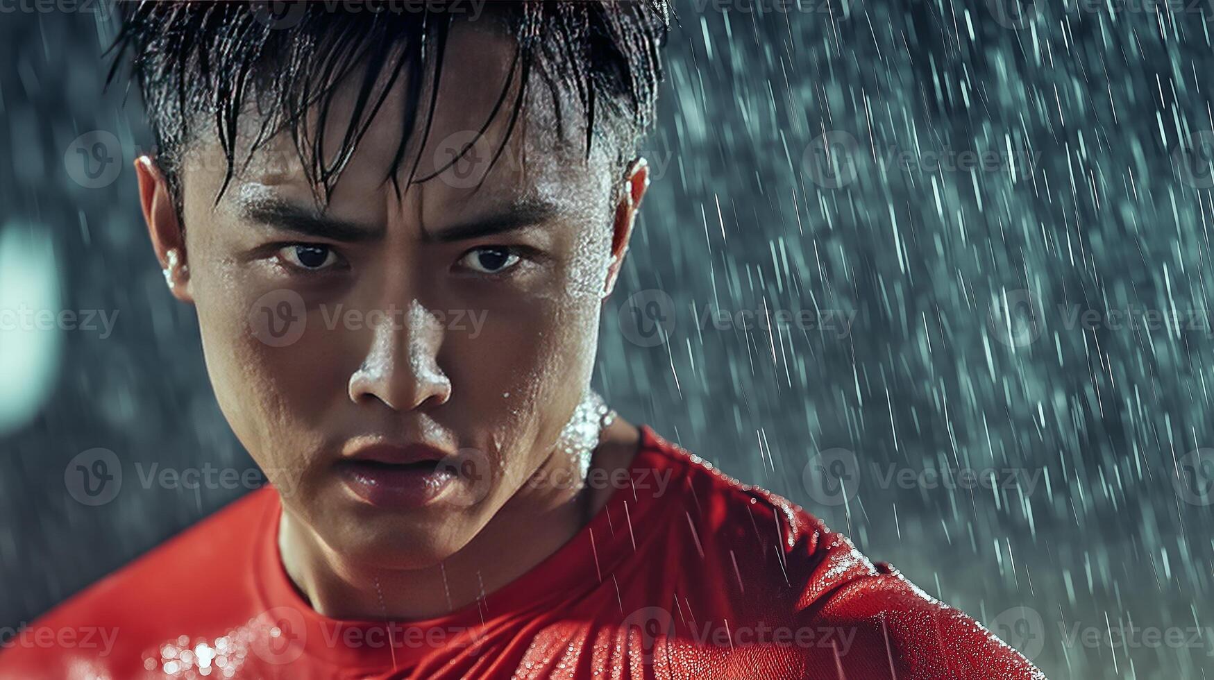 Determined Asian athlete standing in the rain, wearing a red shirt and looking upward with focus and resilience. Concept of strength and perseverance photo