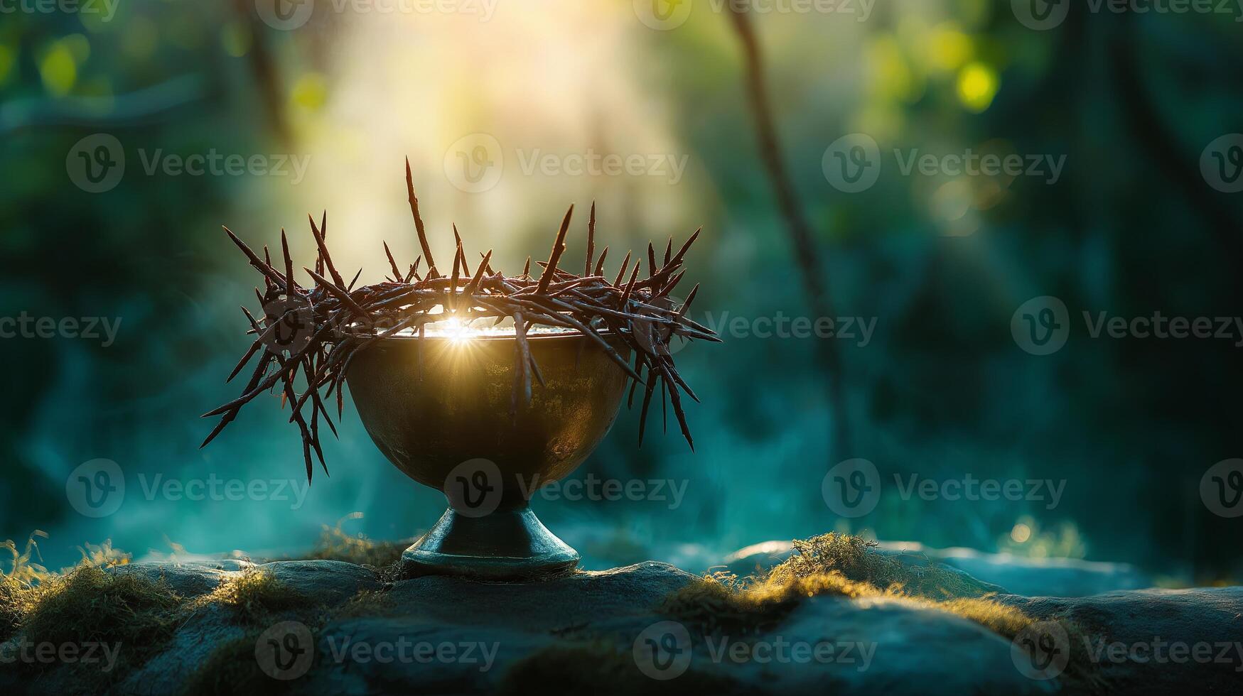 Crown of thorns resting on a mossy forest floor, symbolizing sacrifice and faith for Good Friday. photo