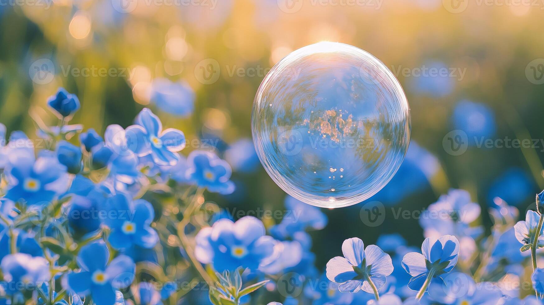 Delicate soap bubble resting on tiny blue flowers in a natural outdoor setting. Concept of fragility and natural beauty photo