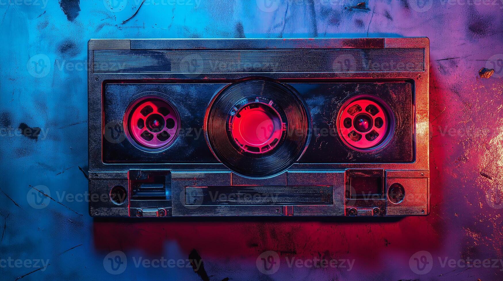 Old-school vintage audio cassette with vibrant neon lights glowing in the background. Retro music and nostalgic concept. High quality illustration photo
