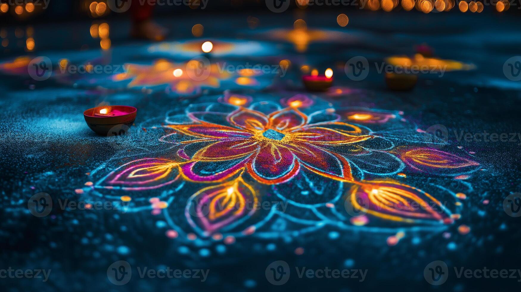 Bright rangoli design with glowing patterns, symbolizing tradition, beauty, and festivity for Hindu celebrations photo