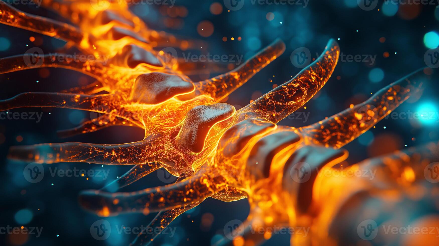 Abstract close-up of DNA helix glowing in fiery orange and red hues against a dark background. Concept of genetics and scientific innovation. photo
