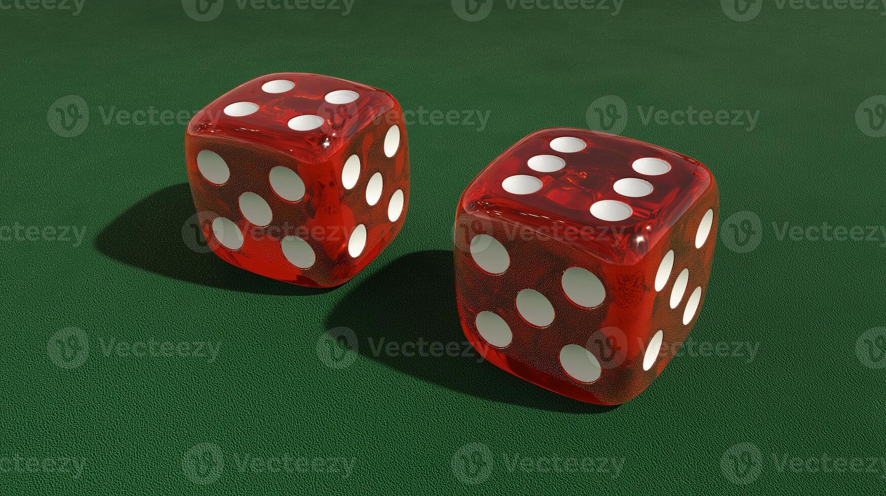 Two red dice with white dots on a green table. Close-up for design and print. Gambling and gaming concept. photo