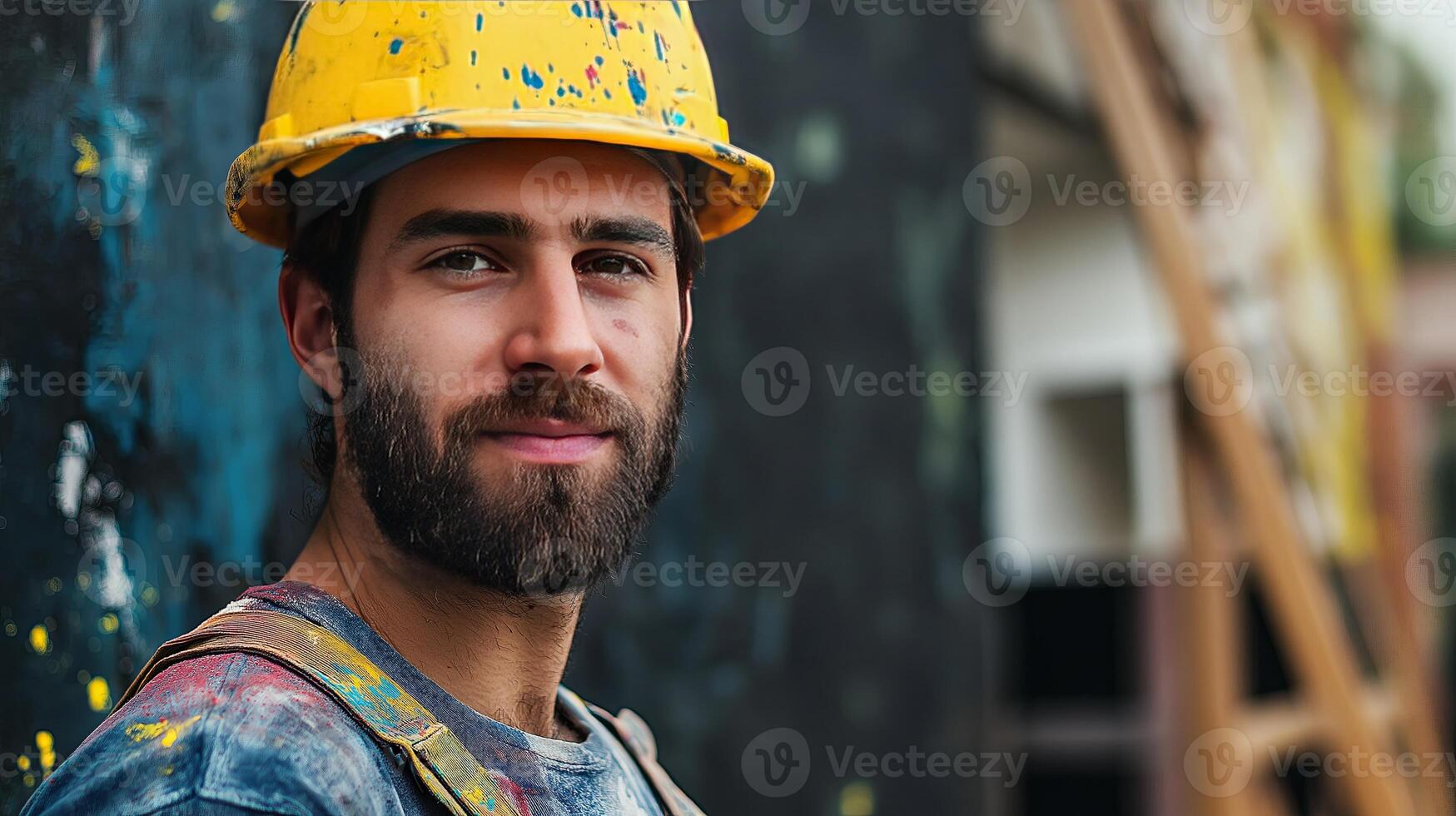 A close-up portrait of a bearded construction worker in a yellow helmet and safety vest, standing confidently at a worksite. photo