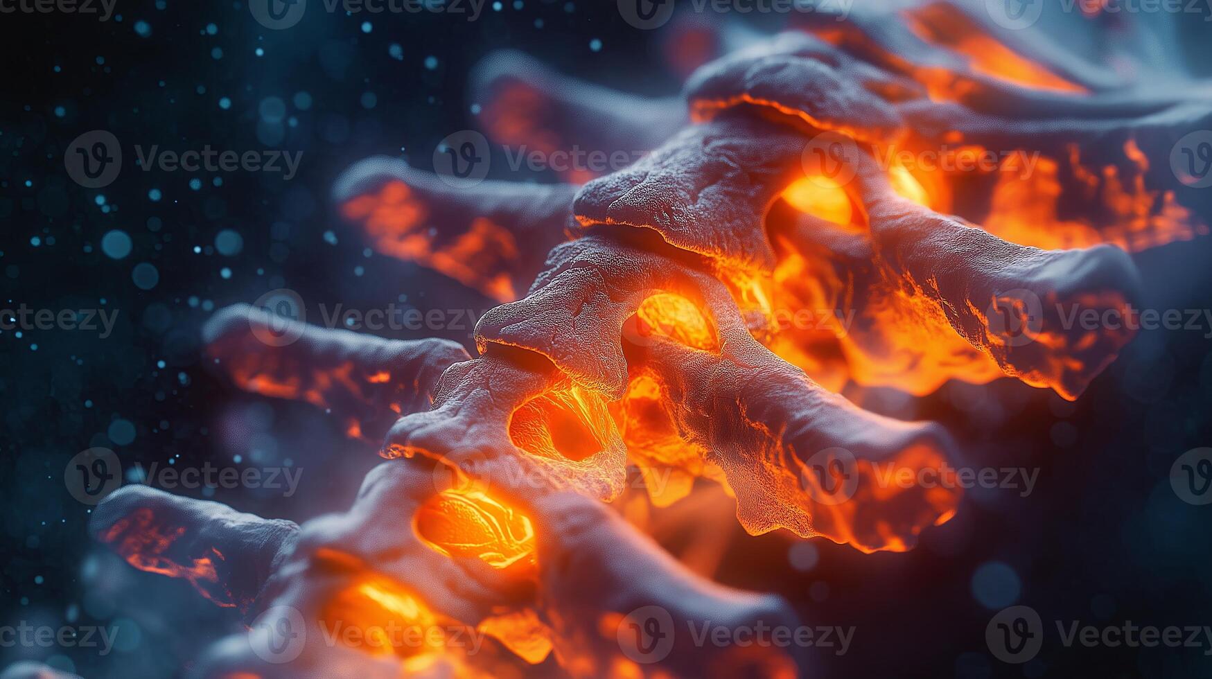 Detailed abstract image of a glowing DNA helix with fiery orange and red strands against a dark background. Concept of genetics and scientific research photo