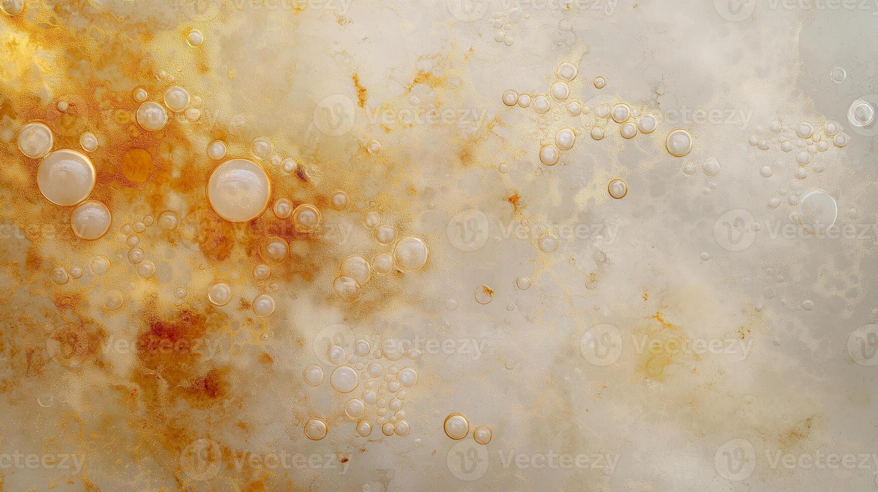Close-up of golden bubbles and abstract textures floating in a liquid. Concept of science, chemistry, and artistic abstraction. photo