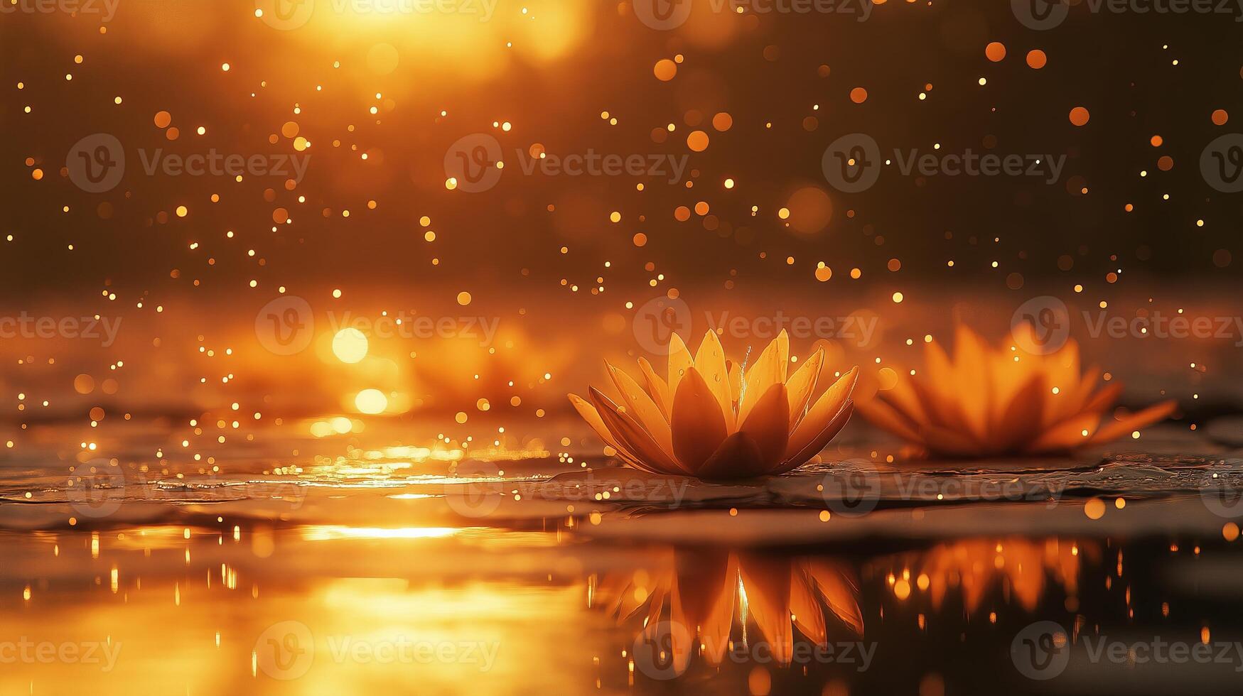 Golden lotus flowers floating on water with warm sunset reflections and gentle raindrops. Serenity and nature concept. photo