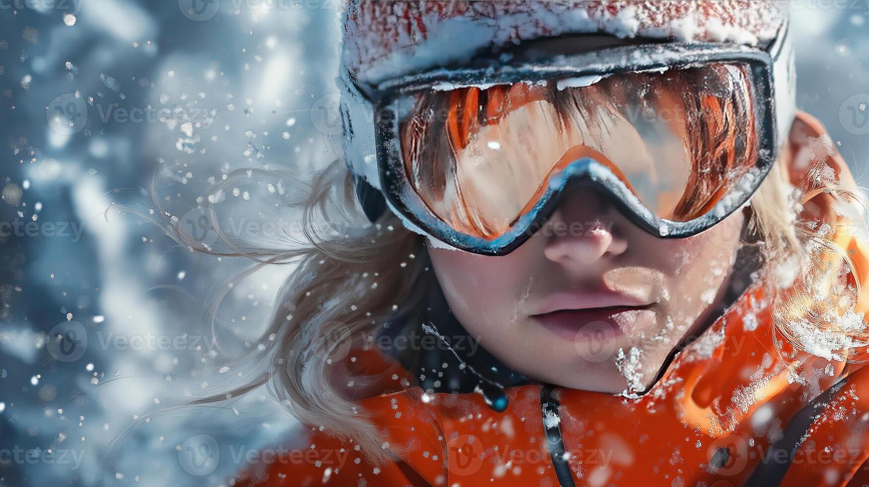 Close-up portrait of skier in orange jacket and reflective goggles during snowfall. Outdoor winter sports for design and print. Snow adventure and skiing concept photo