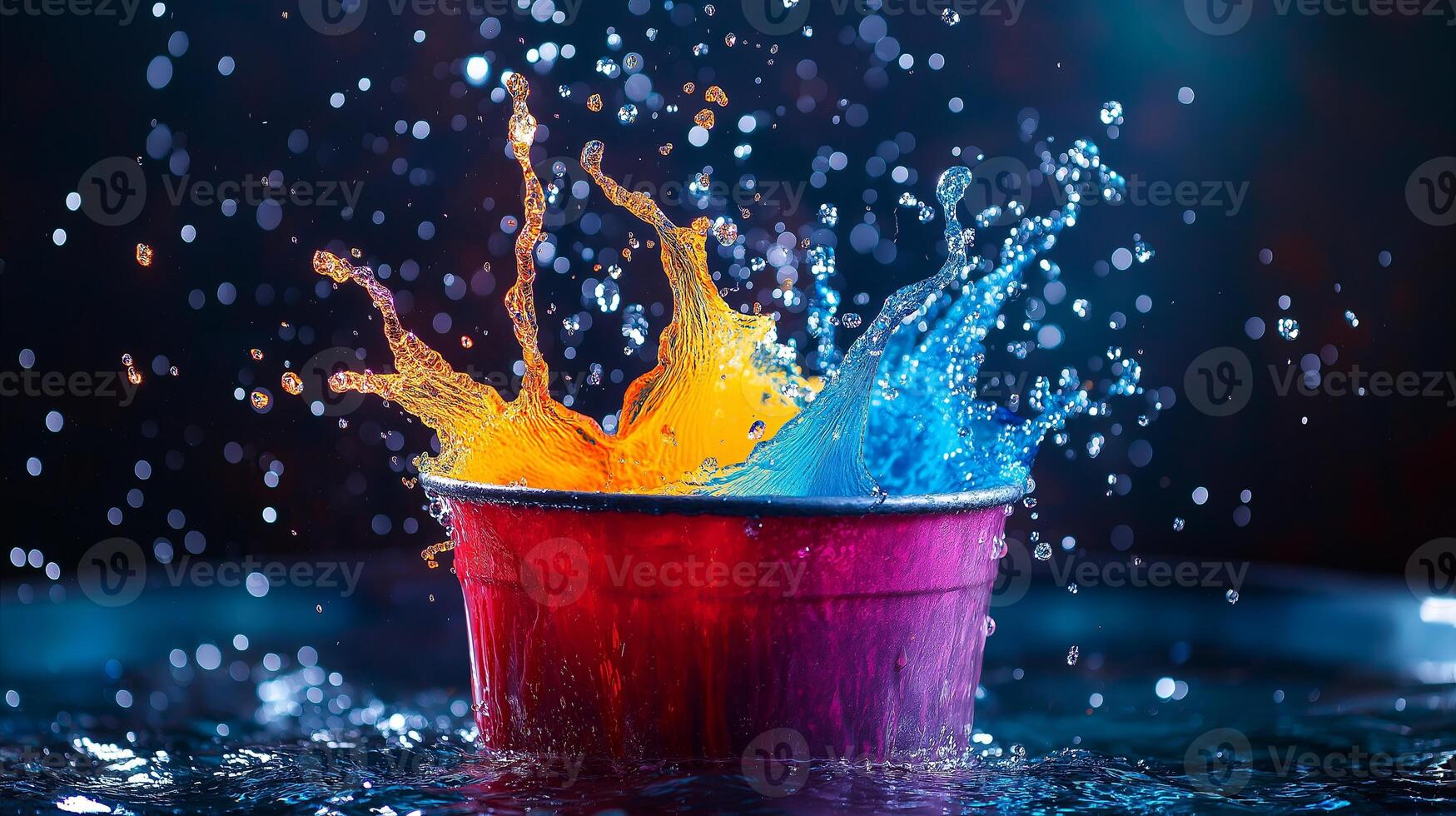 Bucket of water with vibrant splashes, symbolizing playfulness and celebration during Holi festival. photo