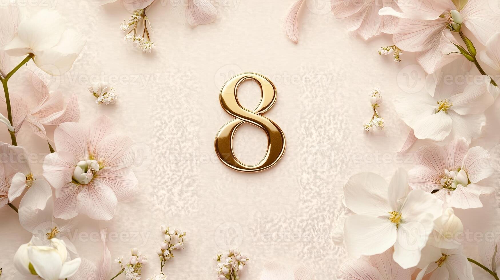 Elegant number 8 card design with soft white flowers and delicate details on a pastel background. Concept of minimalism and femininity photo