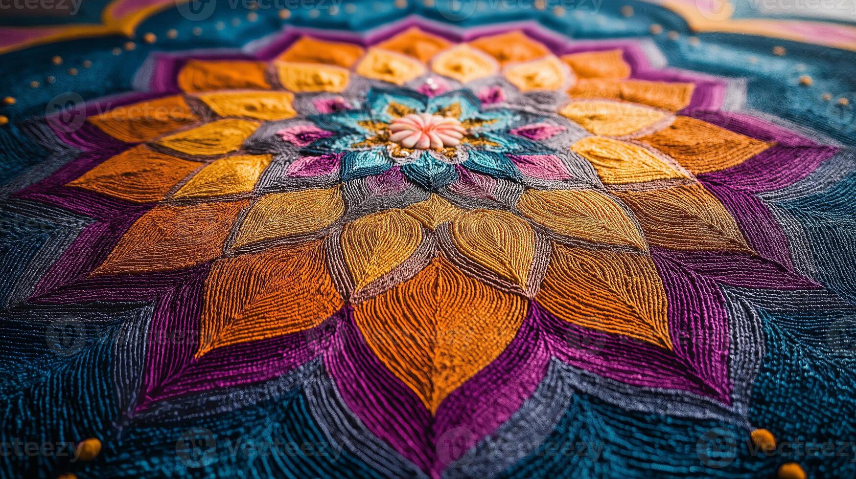 Intricate mandala design in vibrant colors on a textured surface. Spiritual and artistic concept photo