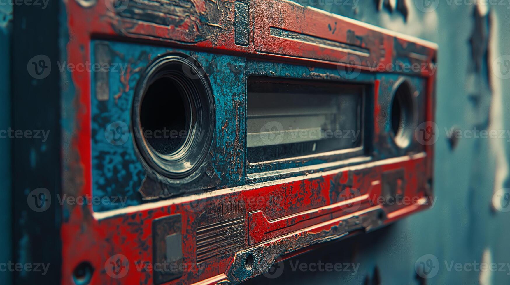 Vintage red stereo system with a worn-out look and retro design. Nostalgia and old-school music equipment concept. High quality illustration photo