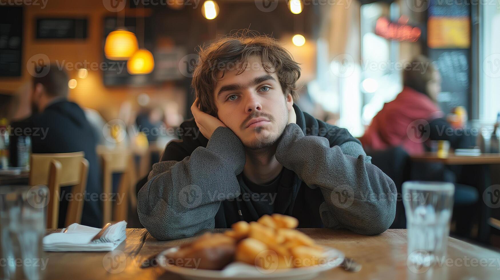 A young man rests his head on his hands, looking unmotivated while sitting in a cafe. The image represents boredom, loneliness, and lack of enthusiasm. photo
