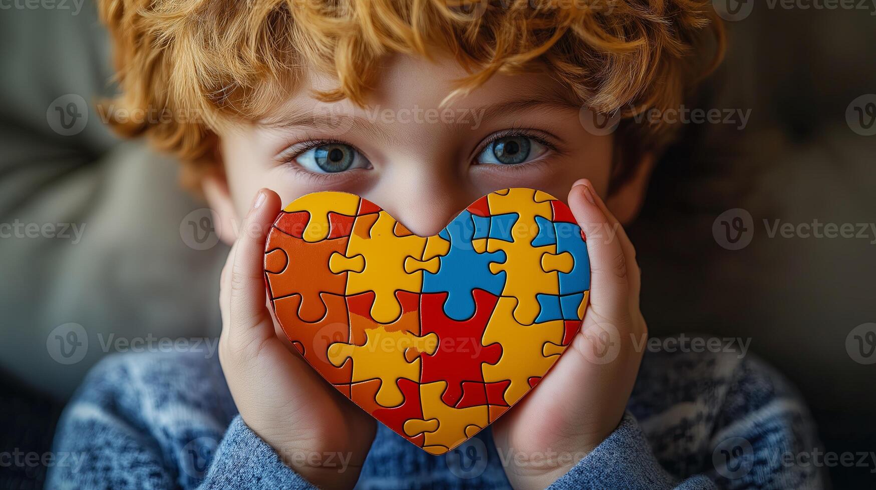 Young boy holding a colorful puzzle heart symbolizing autism photo
