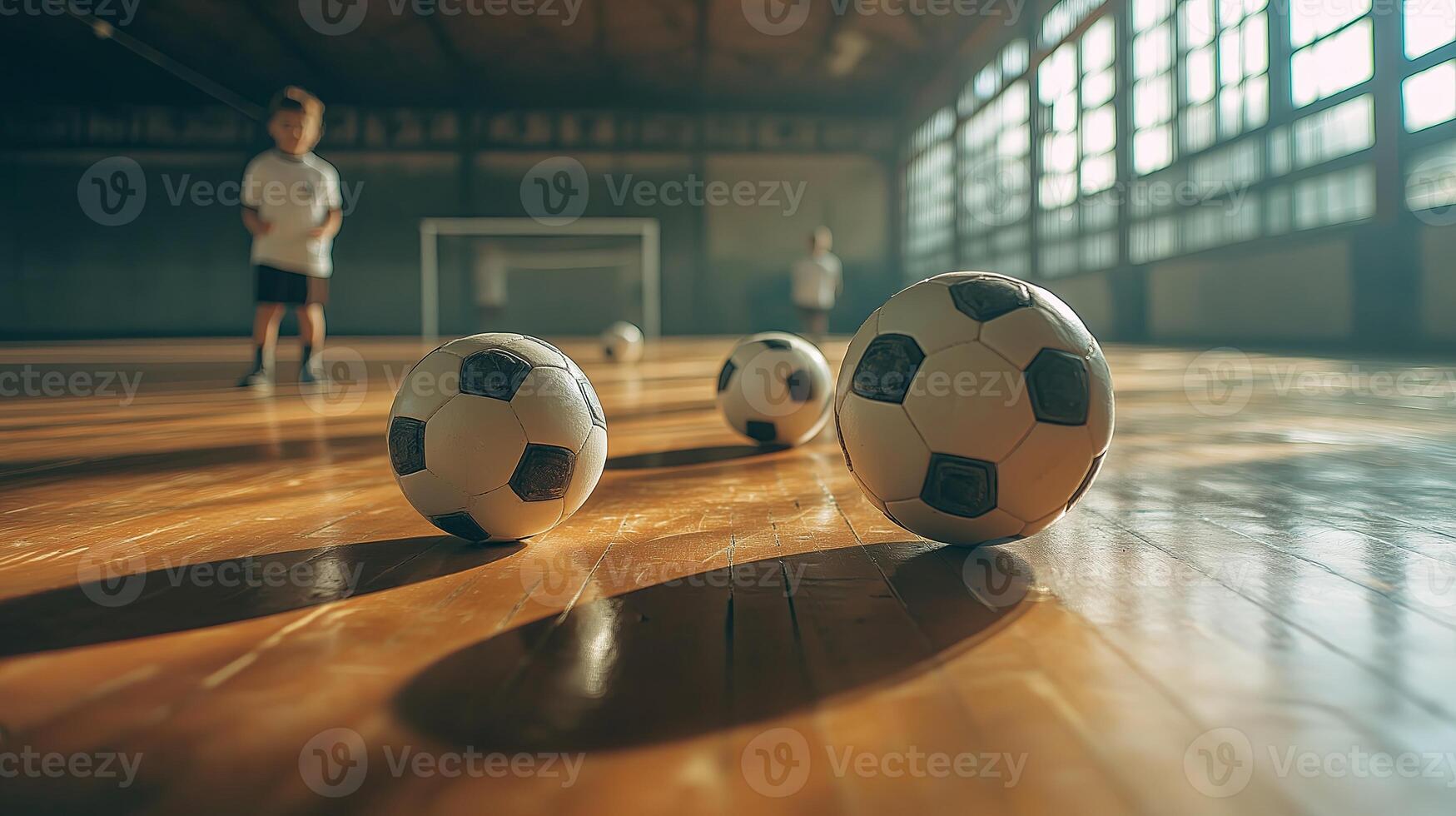 Kids actively participating in a soccer training session inside a well-lit gym, kicking the ball and practicing teamwork skills. photo