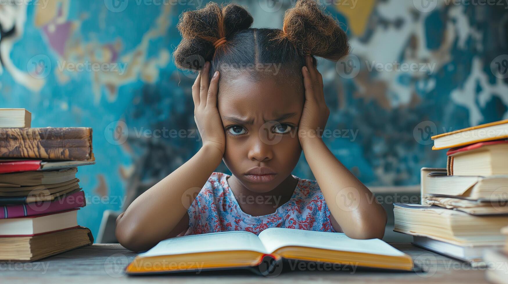 A young girl with a frustrated expression sits at a desk with books, struggling with studying and school-related stress. photo