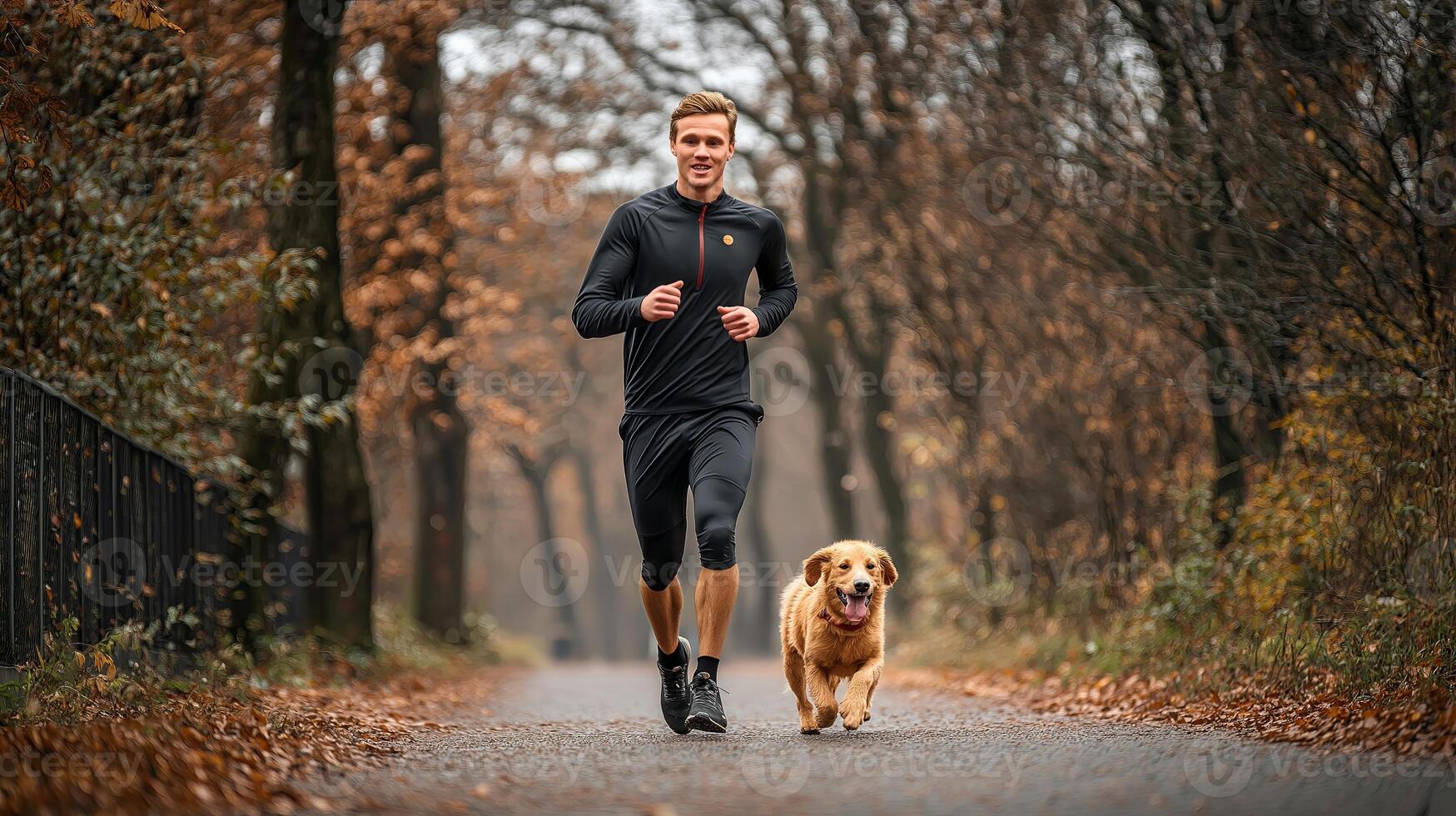 A fit man running with his small dog on a scenic trail covered in golden autumn leaves, surrounded by trees in warm sunlight. photo