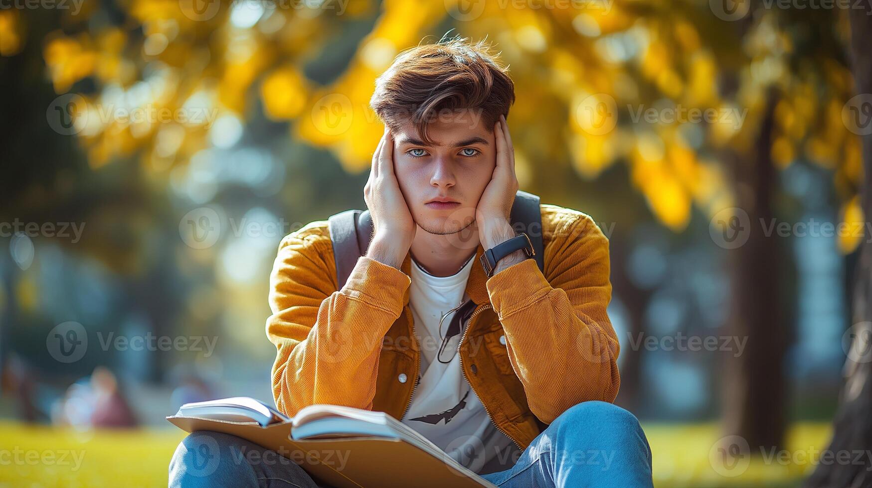 A young male student sits outside with books, holding his head in frustration. The image represents academic stress, concentration struggles, and exam pressure. photo