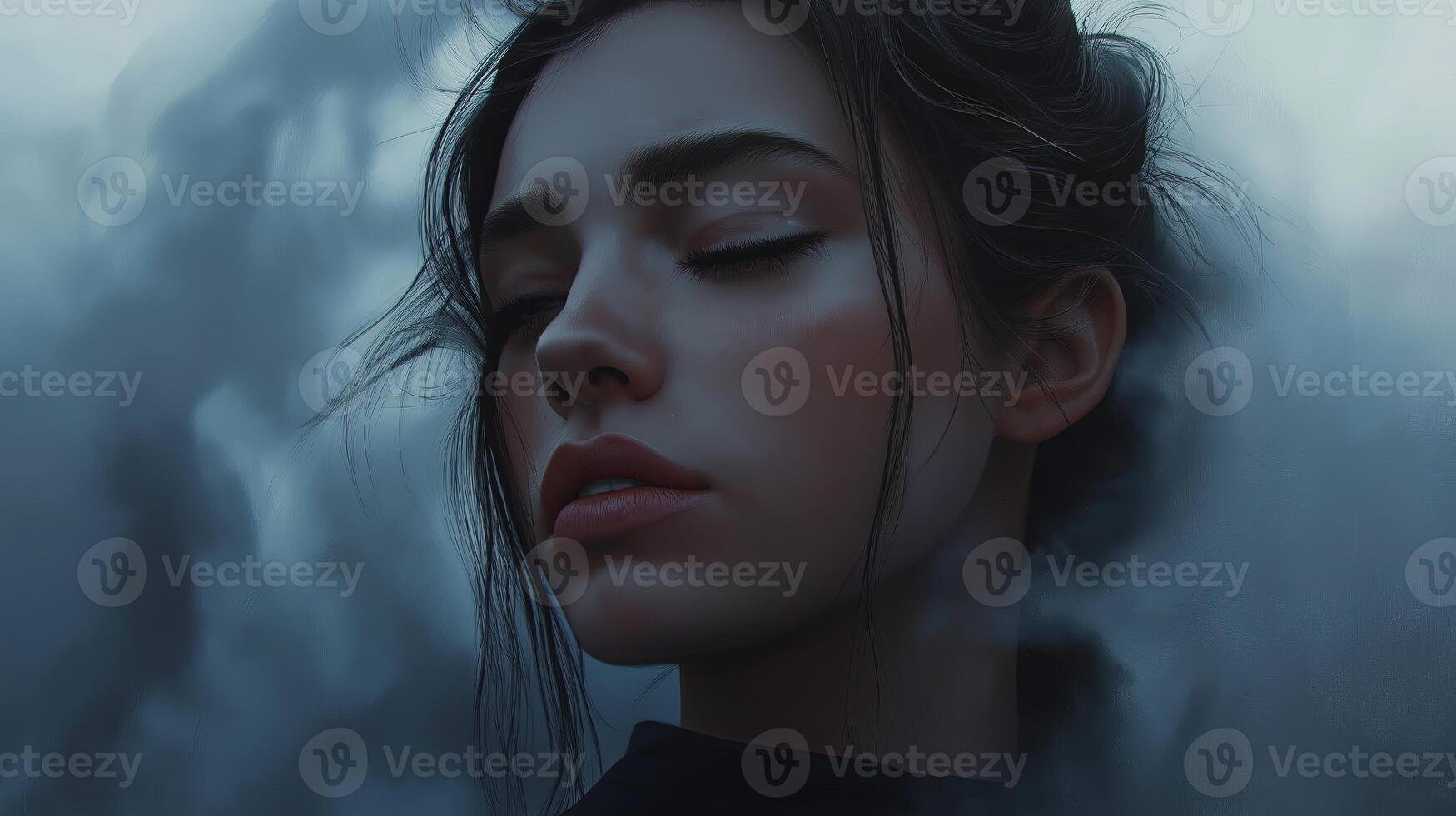 A young woman with closed eyes in a soft, moody atmosphere surrounded by mist, evoking a sense of introspection and serenity. photo