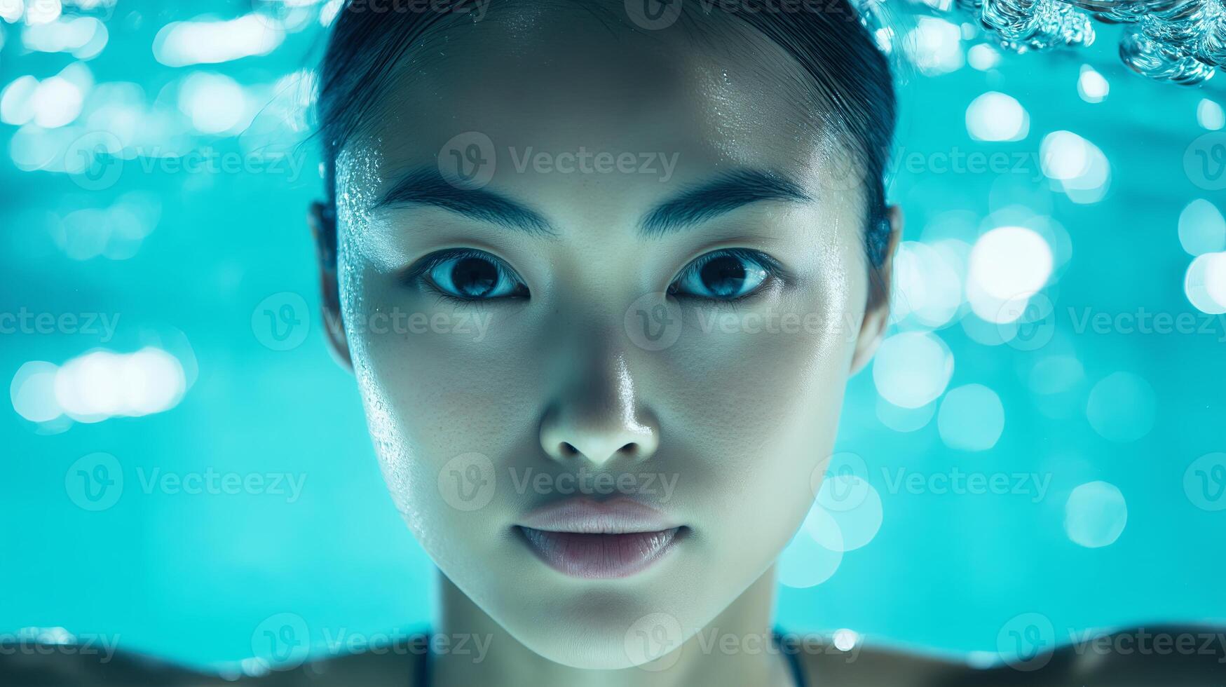 A focused female swimmer wearing a swim cap and goggles, standing or preparing for a swim at a professional swimming pool. photo