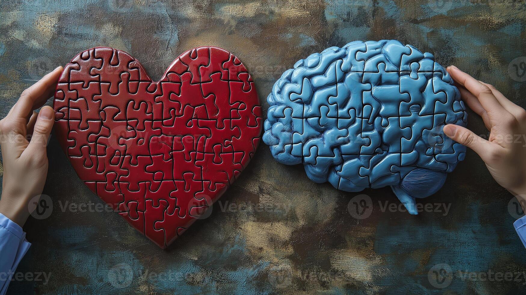 Two hands holding a red heart and a blue brain, symbolizing the balance between emotions and logic in decision-making and wellness. photo