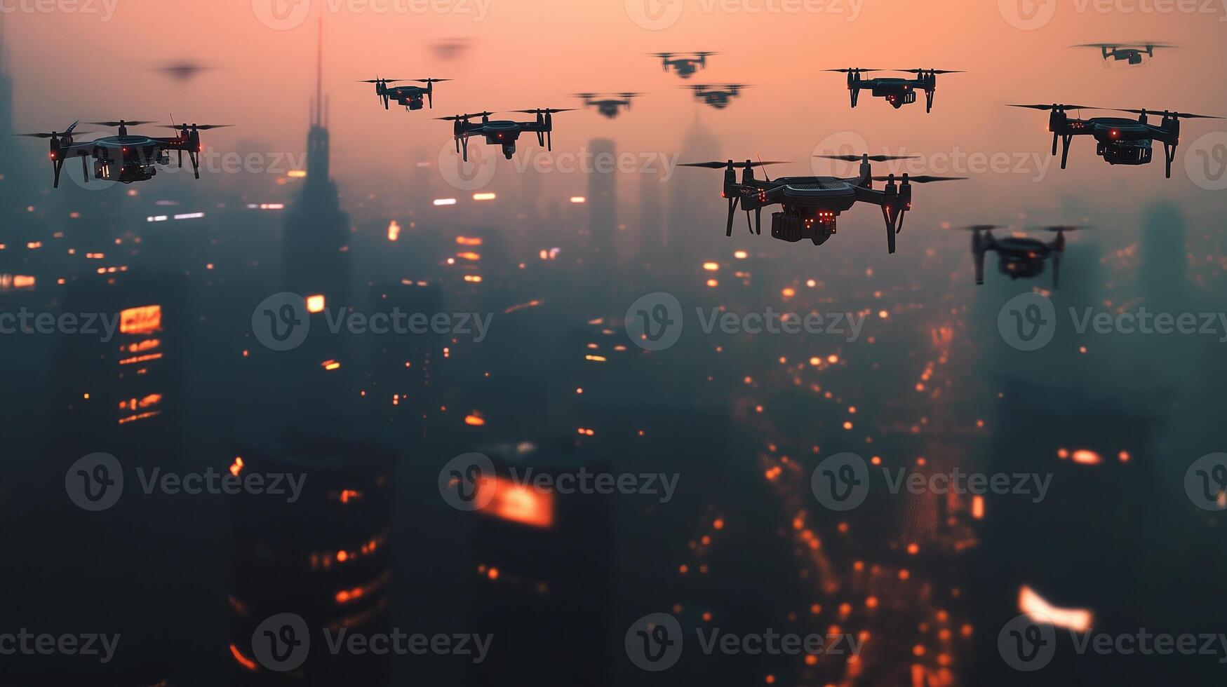 A futuristic depiction of AI-controlled drone swarms flying in formation, symbolizing automation, surveillance, military defense, and smart technology applications. photo