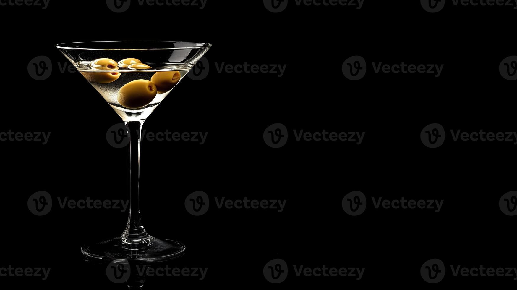 A Martini cocktail in a martini glass, garnished with three olives, set against a sleek black background for a timeless and refined look. photo