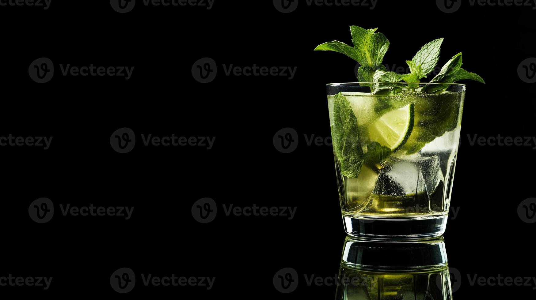 A bold and dramatic Mojito cocktail served in a clear glass with fresh lime and mint, set against a deep black background for a moody aesthetic. photo