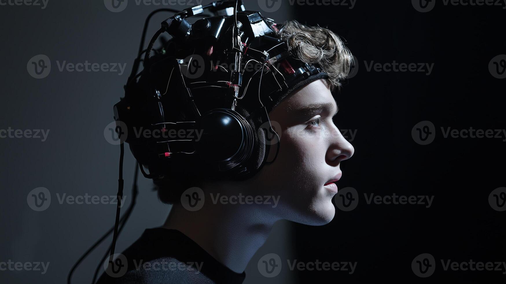 A young man wearing a futuristic brainwave-reading headset, symbolizing neuroscience, brain-computer interfaces, and cognitive research in AI and technology. photo