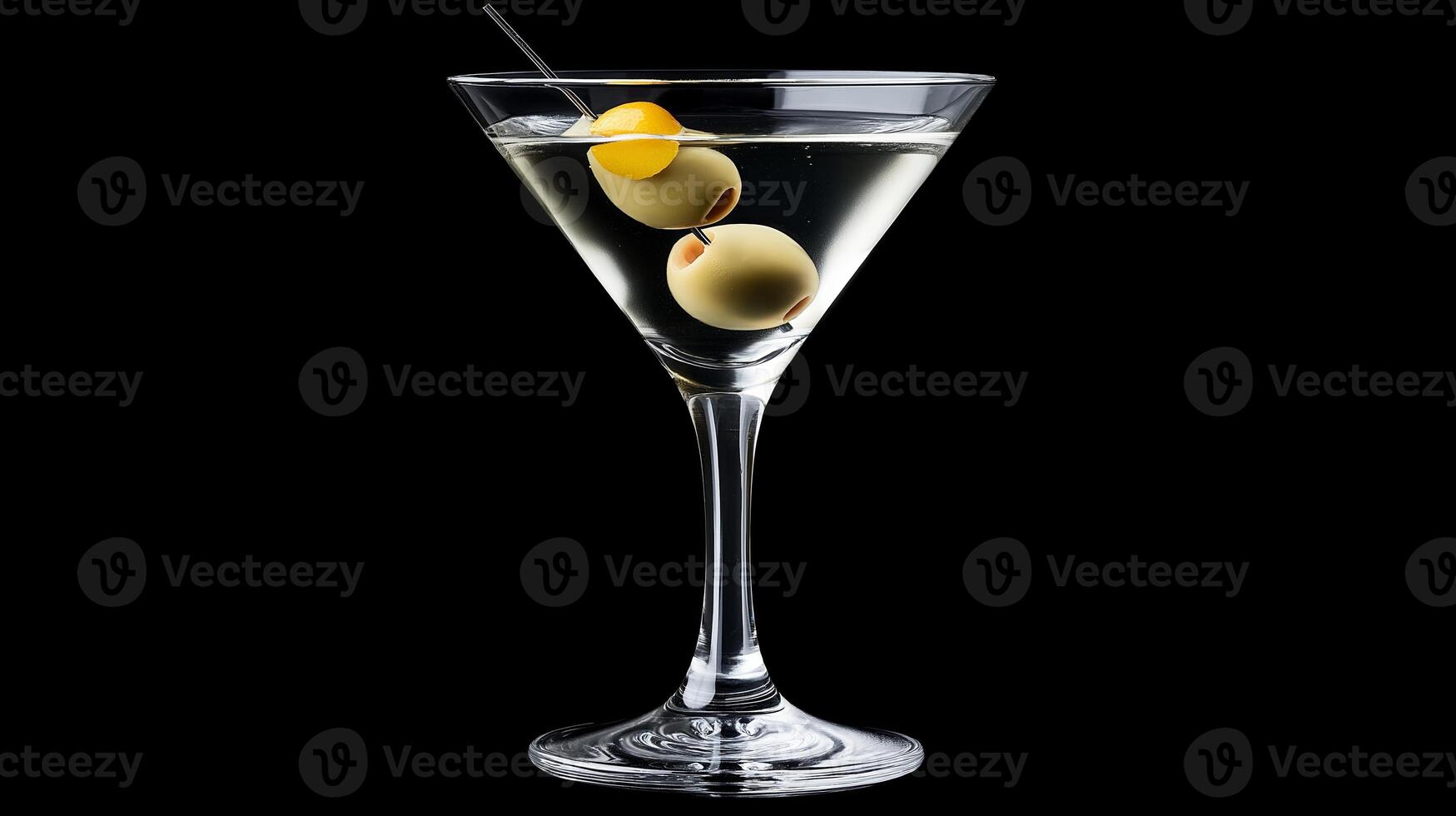 A classic Martini cocktail served in a martini glass with three green olives on a skewer, placed against a dramatic black background. photo