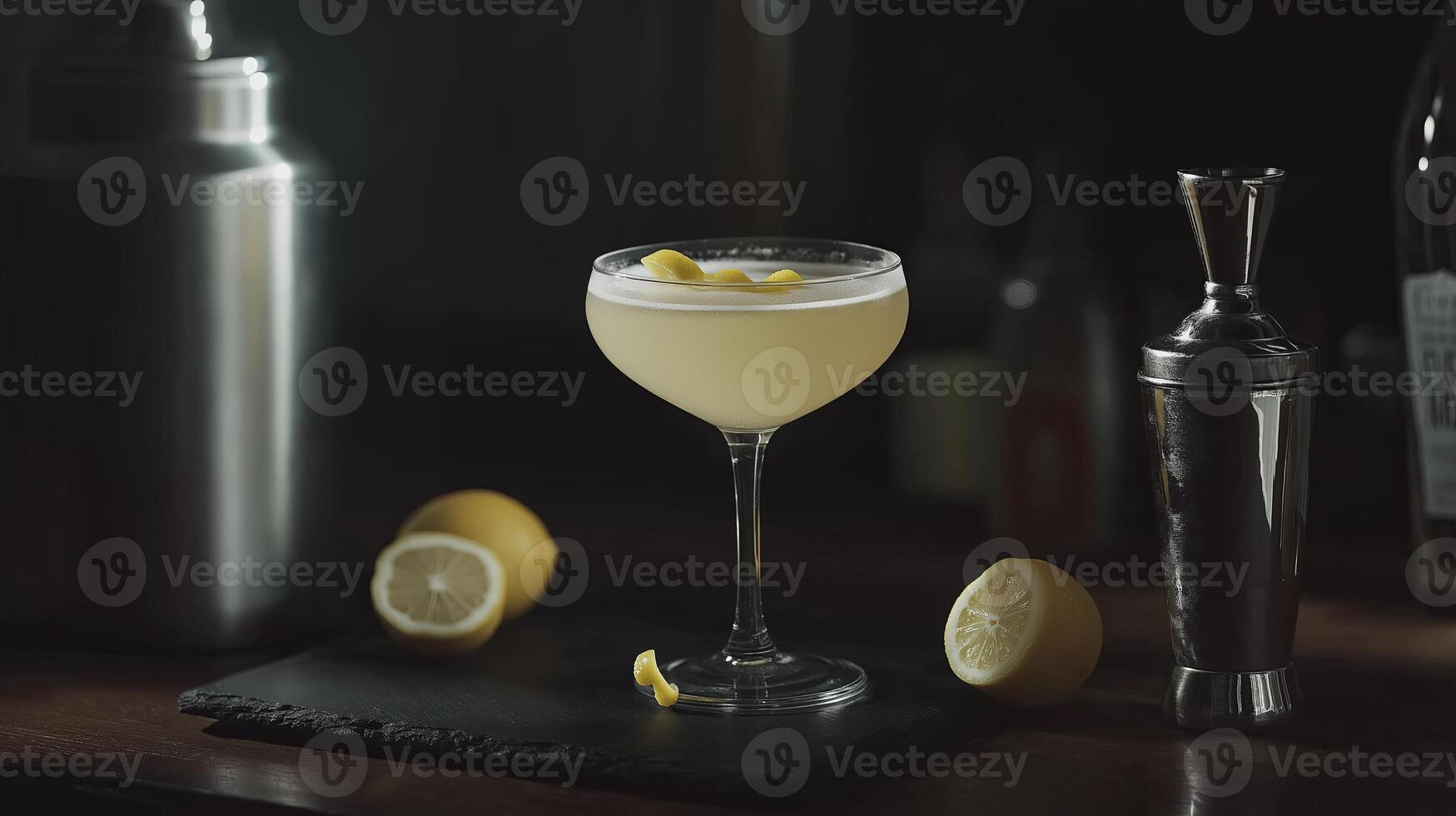A classic Clover Club cocktail with gin, lemon, and raspberry syrup, served in a coupe glass with a lemon twist, set in a moody bar scene. photo
