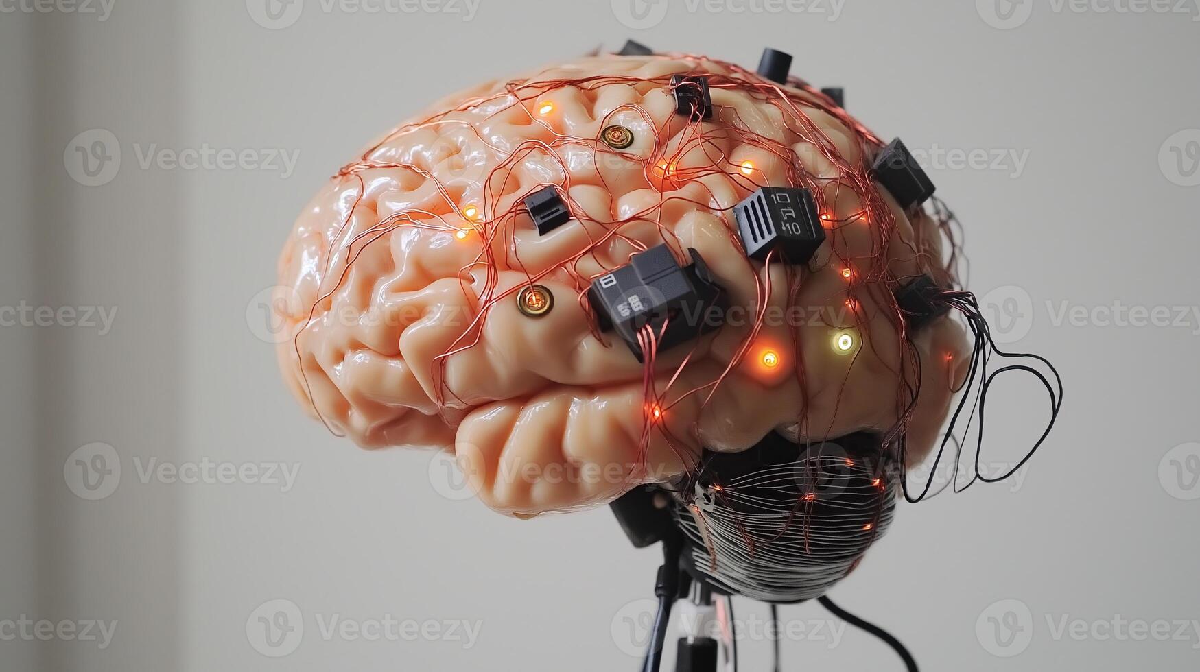 A realistic artificial brain model connected to wires and microchips, symbolizing neuroscience, AI, brain-computer interfaces, and futuristic technology. photo
