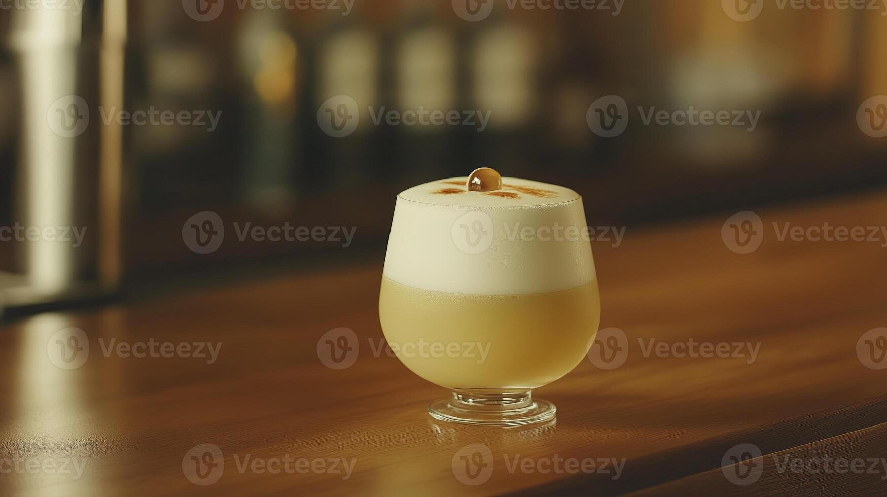 A Whiskey Sour cocktail served in a rounded glass with a thick layer of frothy egg white foam, garnished with a cherry on top. photo