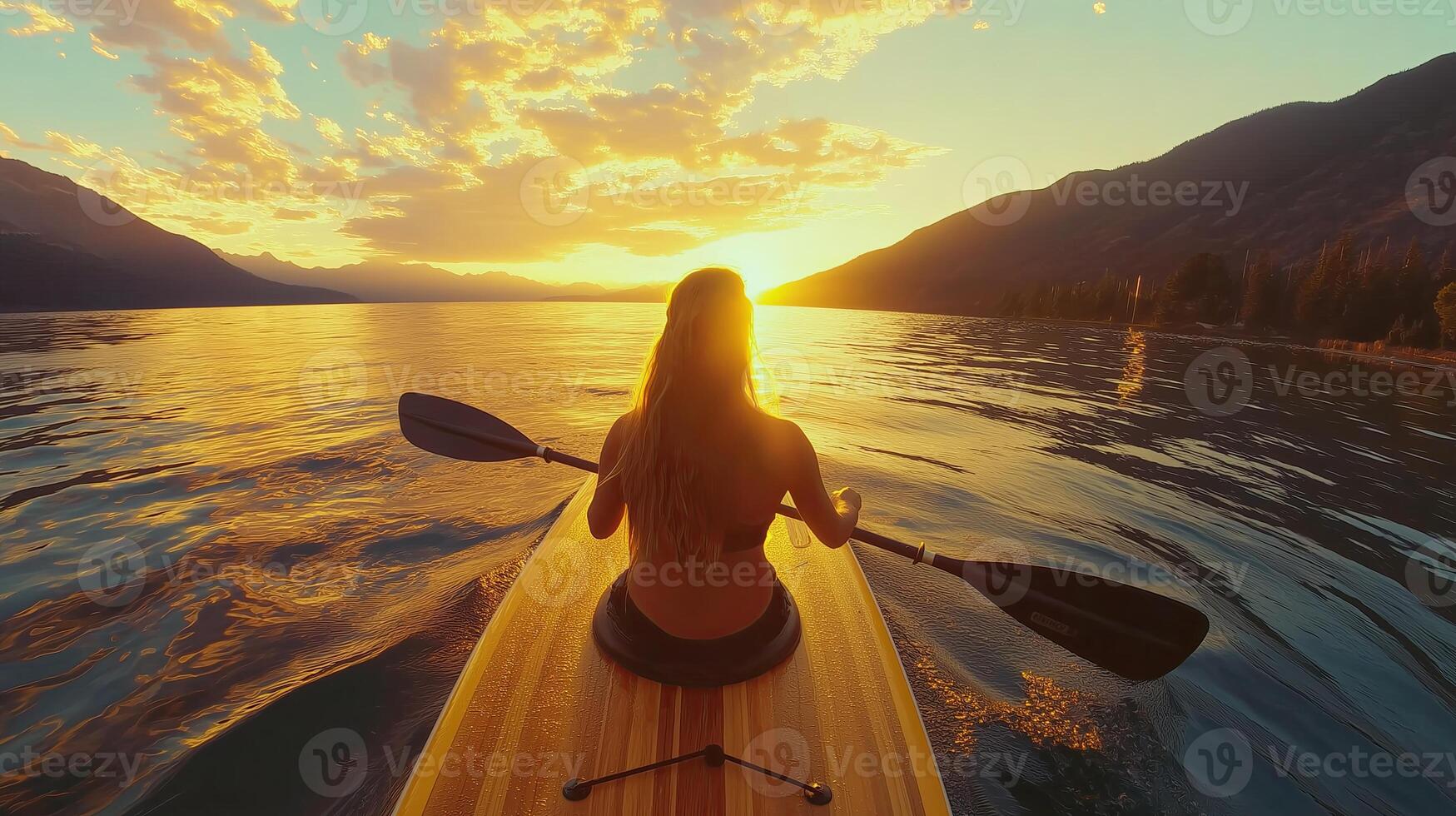 First-Person View of Woman Paddling on Stand-Up Paddleboard photo