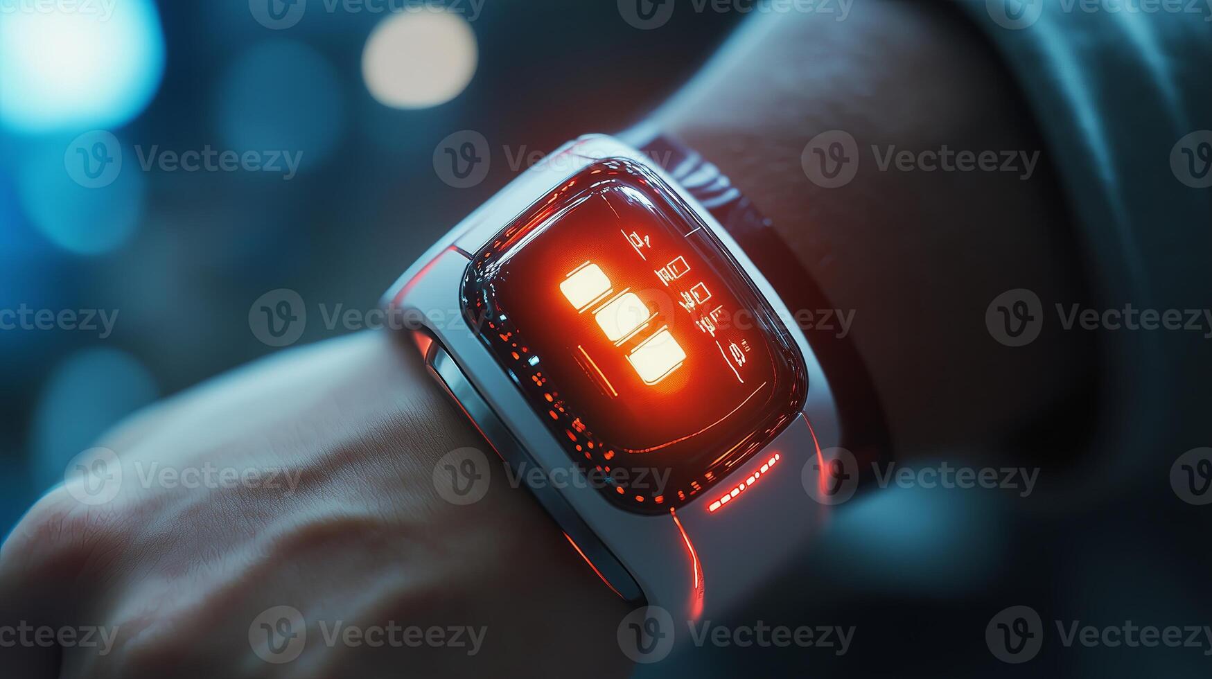 A futuristic smartwatch displaying biometric data, symbolizing biohacking, health tracking, and wearable technology for human enhancement. photo