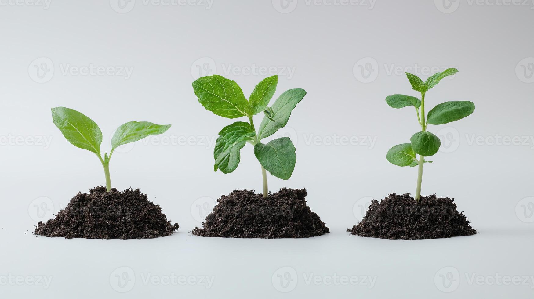 Three small green plant seedlings sprouting from dark soil, symbolizing growth, nature, and new beginnings against a clean white background. photo