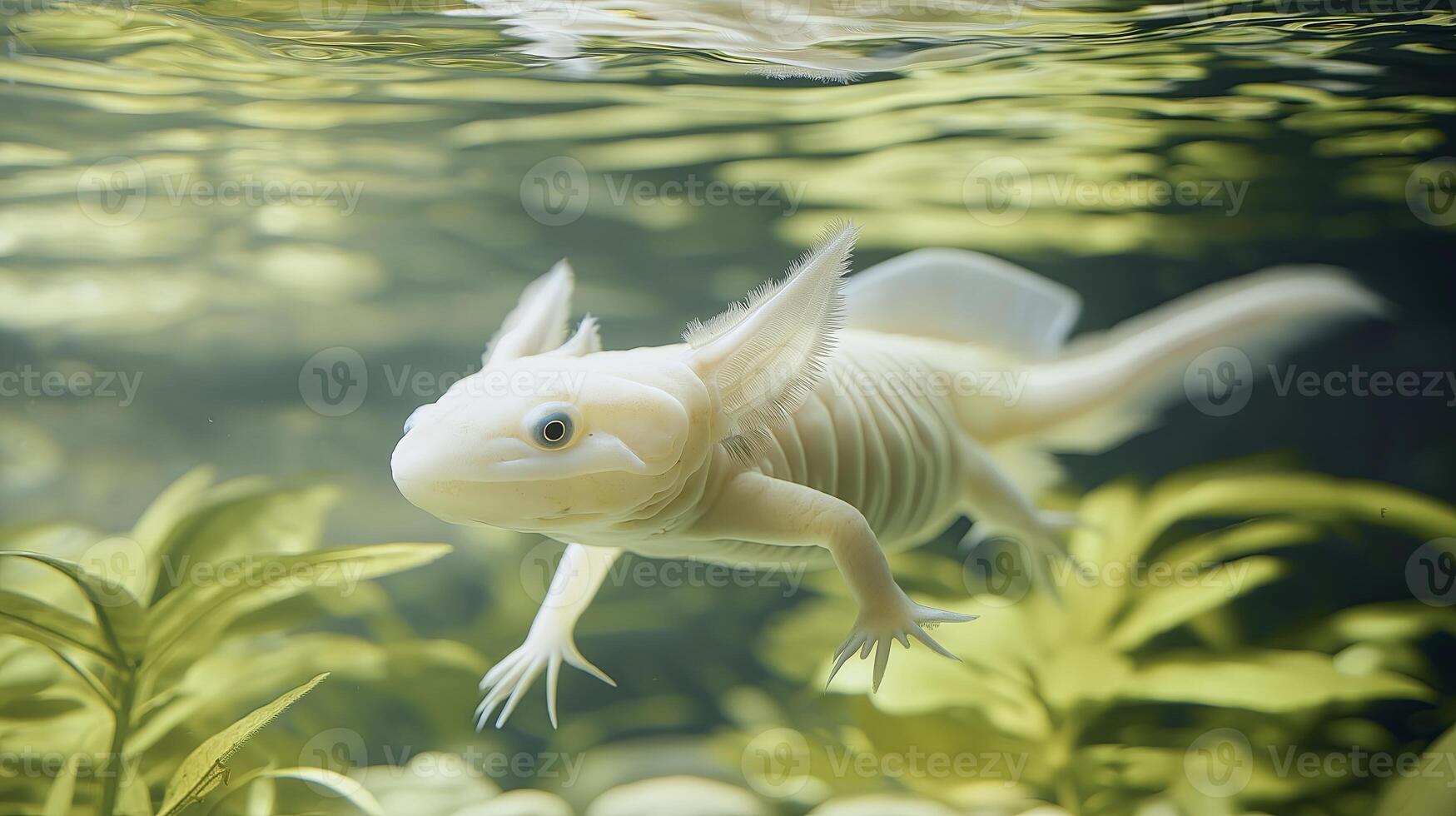 A cute axolotl swimming underwater, showcasing its unique features in a serene aquatic environment, representing biodiversity and exotic pets. photo