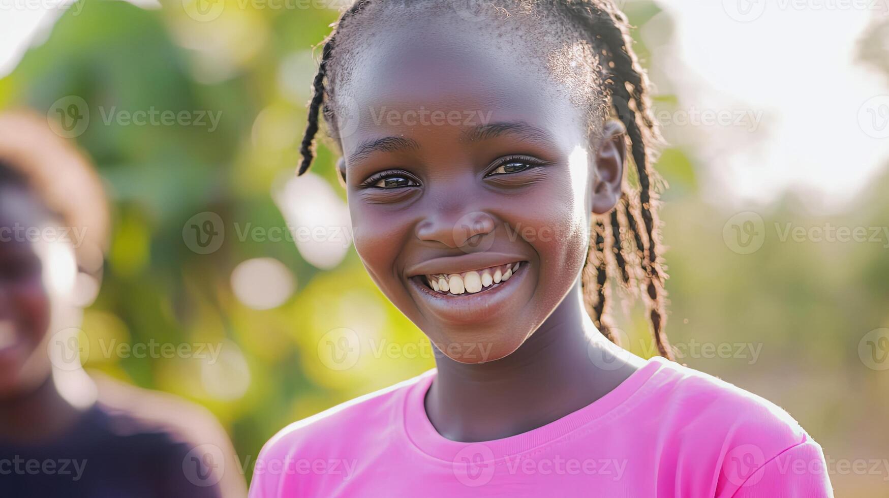 A confident African young girl standing amidst lush greenery, looking directly at the camera with a warm and inviting expression. photo