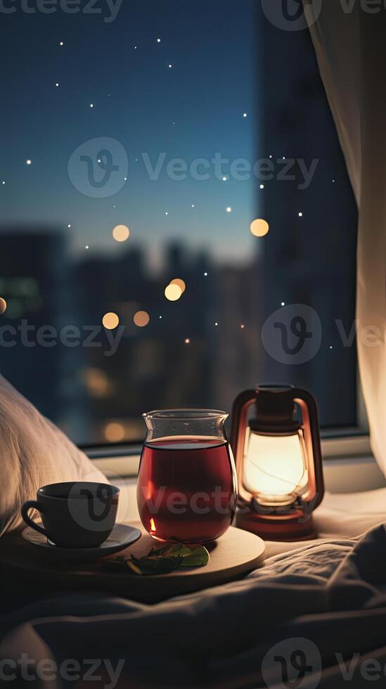 A cozy nighttime setting with dim lighting, warm candles, and a cup of tea, evoking relaxation, peace, and restful sleep. photo
