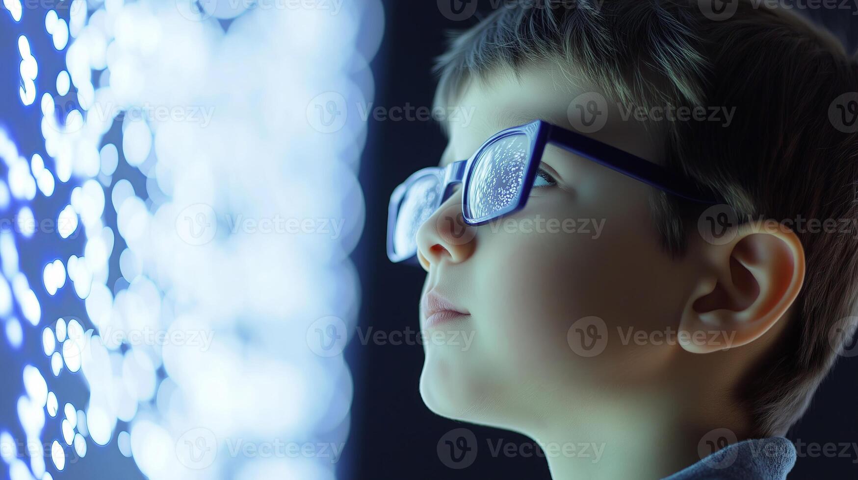 A young child with glasses staring at a glowing digital screen, symbolizing curiosity, autism awareness, and early cognitive development. photo