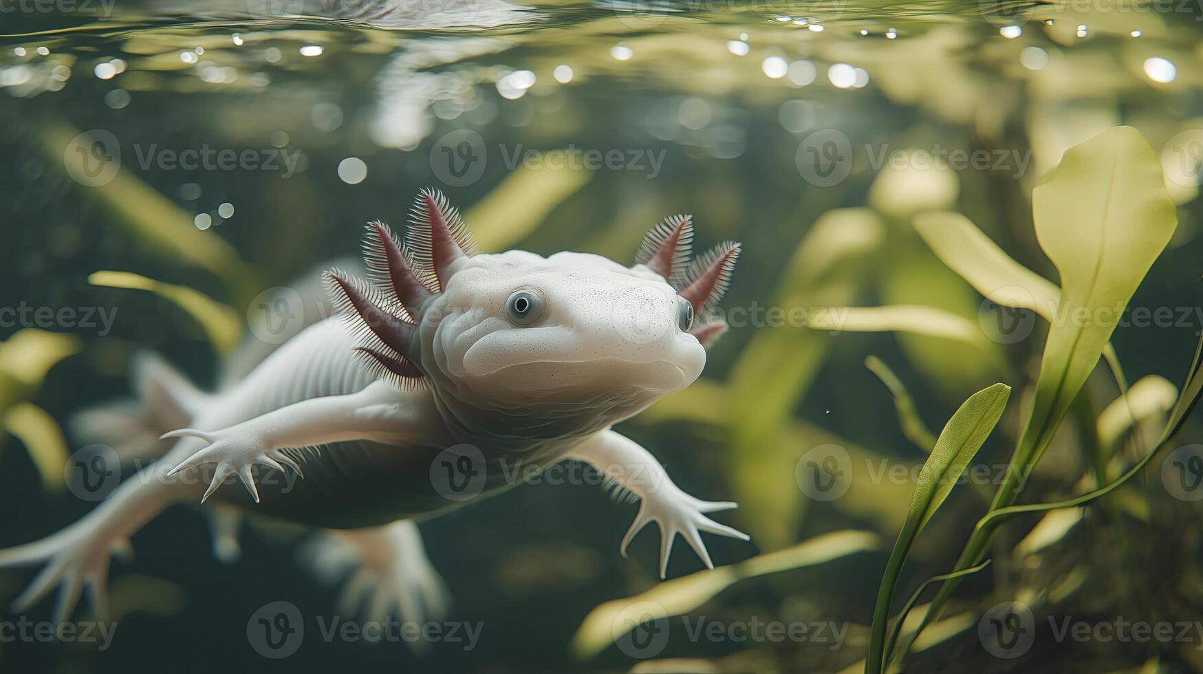 A close-up of a white axolotl swimming in a freshwater environment surrounded by aquatic plants, showcasing its unique features and serene movement. photo