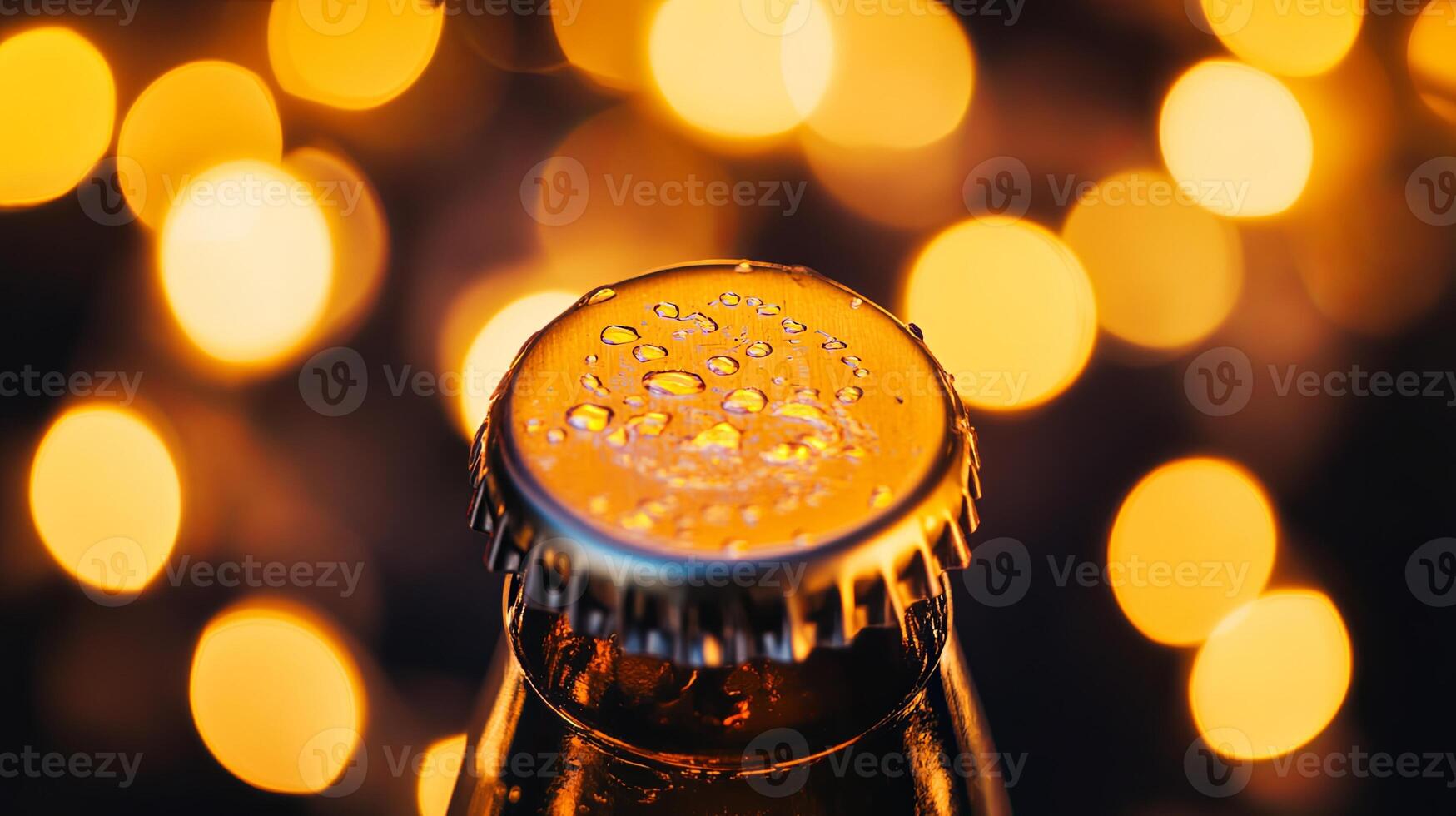 A bottle cap covered in condensation with warm golden bokeh lights in the background, creating a festive and refreshing atmosphere. photo