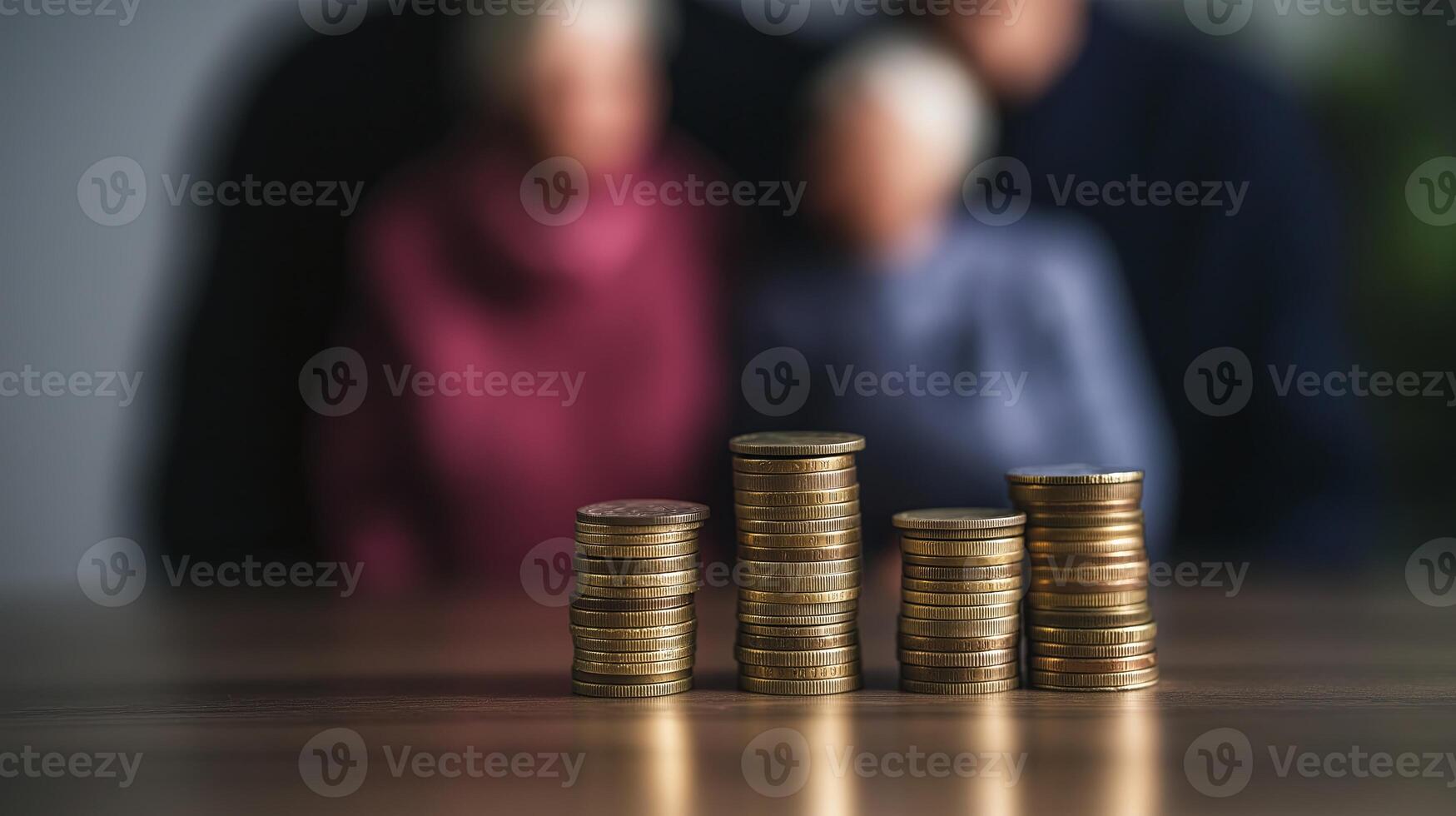 A pile of coins in focus with an elderly couple in the background, representing retirement planning, financial security, and long-term savings. photo