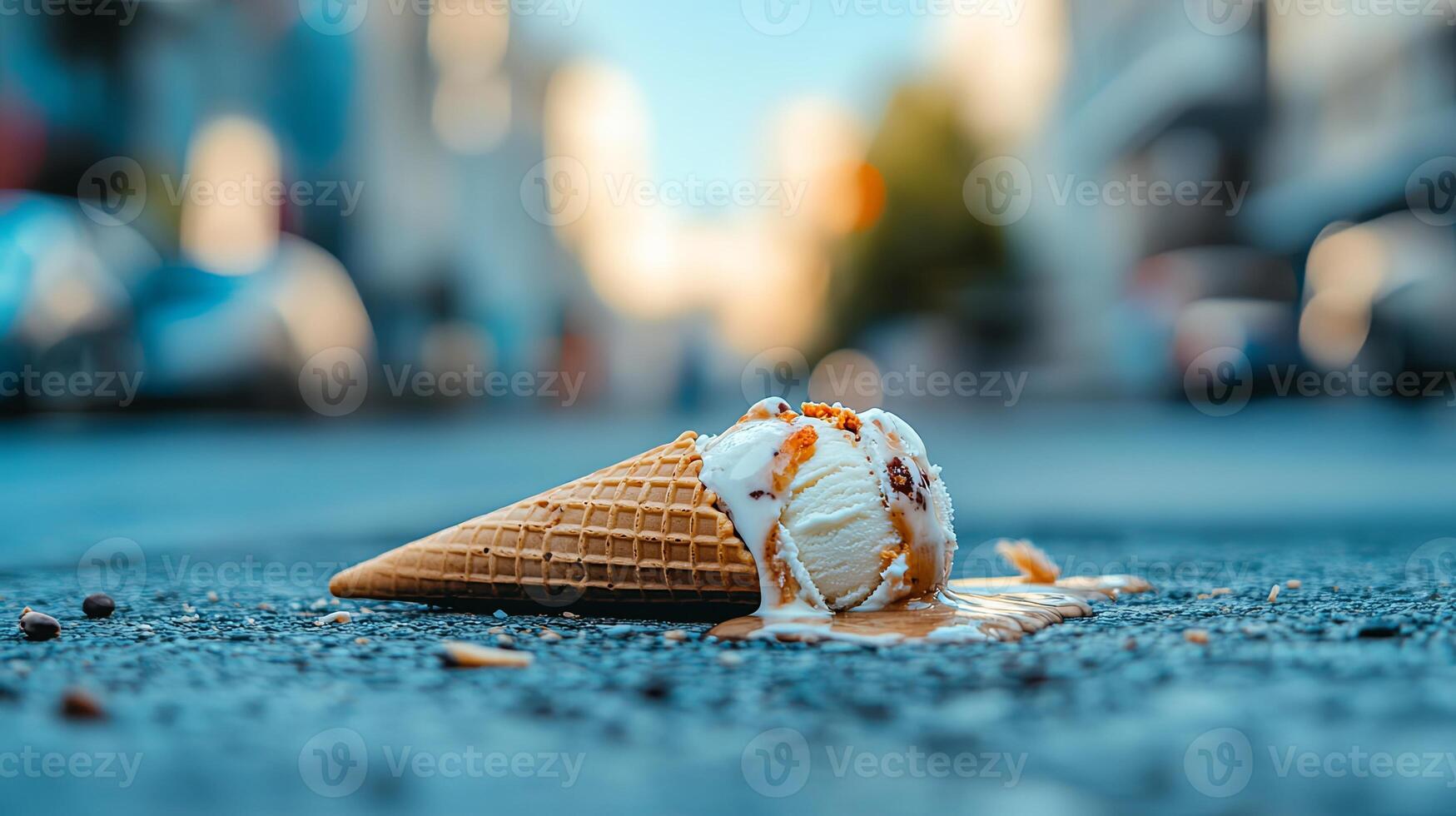 A dropped ice cream cone melting on an urban street, symbolizing disappointment, loss, and the fleeting nature of joy. photo